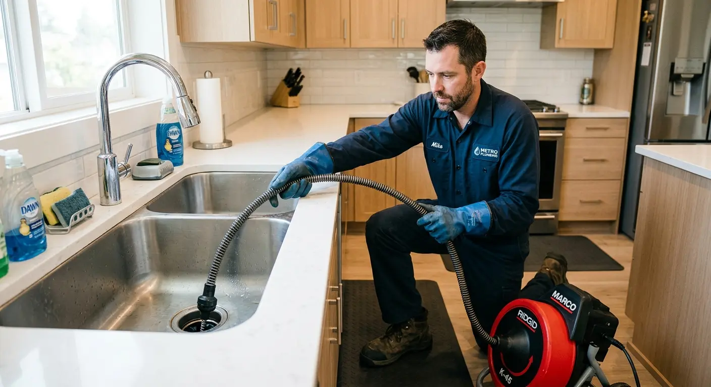 Drain cleaning technician using a motorized snake on a kitchen sink in Luling