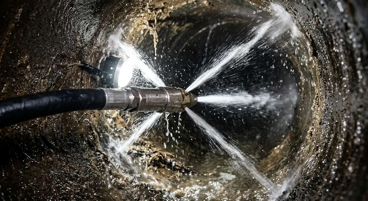 High-pressure hydro jetting nozzle cleaning sewer pipe for Emergency Drain Service in Luling