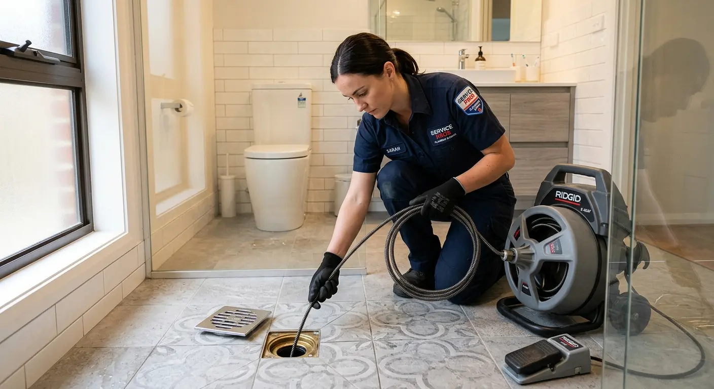 Technician clearing a bathroom floor drain for Drain Cleaning in Luling